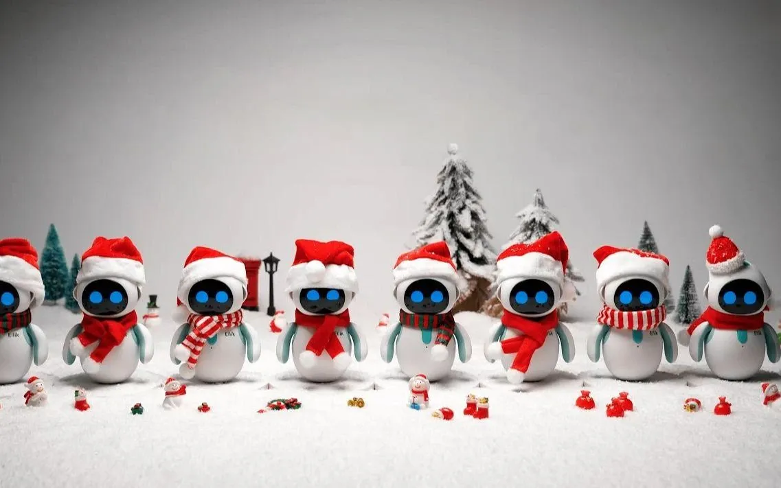 Eilik robot with turquoise and pink accents smiling on a desk