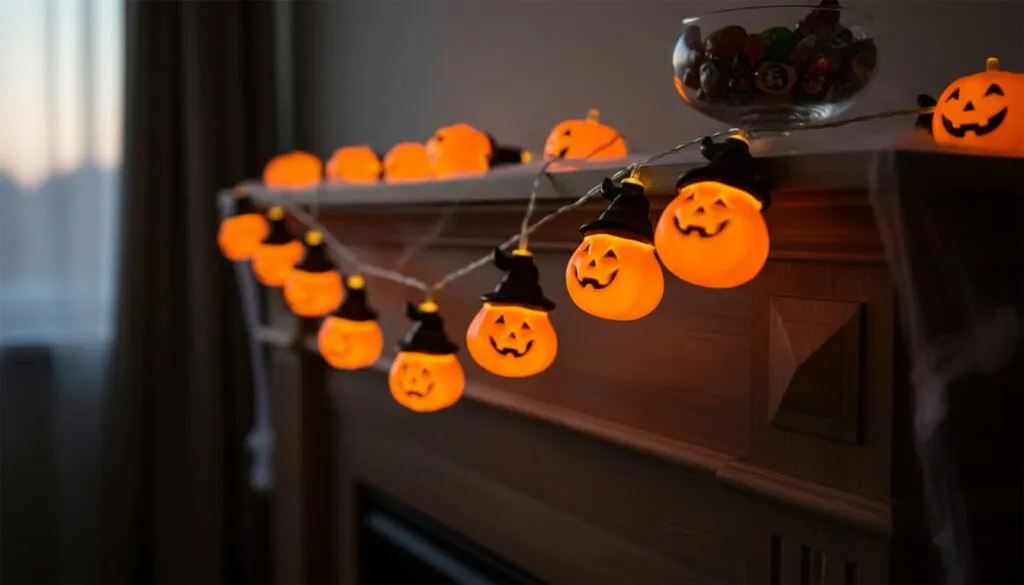 Pumpkin lights on a porch